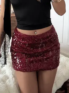 Elegant Sequined Skirt for Women, Slim-Fitting Christmas Party Dress, Short A-Line Skirt for All Seasons, Fashionable Street Style, Stretch Skirt