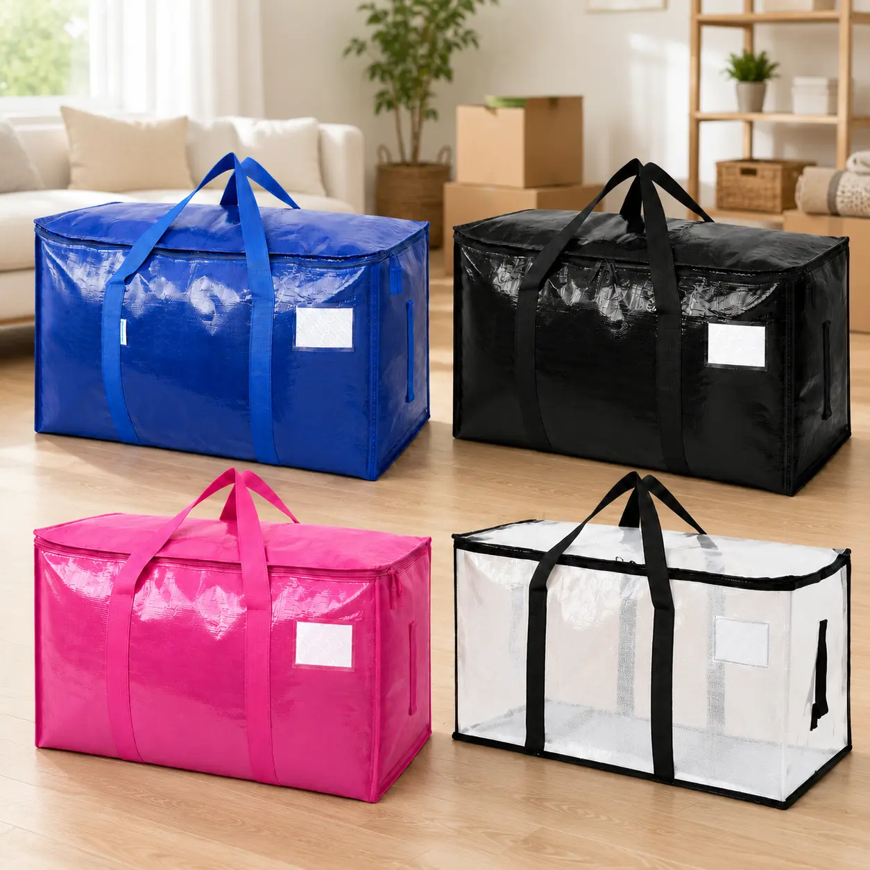 SummerVibes 24-Gal Extra Large Heavy-Duty Waterproof Foldable Storage Bags (4/6 Pack) with Zippers, Carry Handles, Tag Pocket, Reusable Packing Bags for Moving, Home Storage, Camping