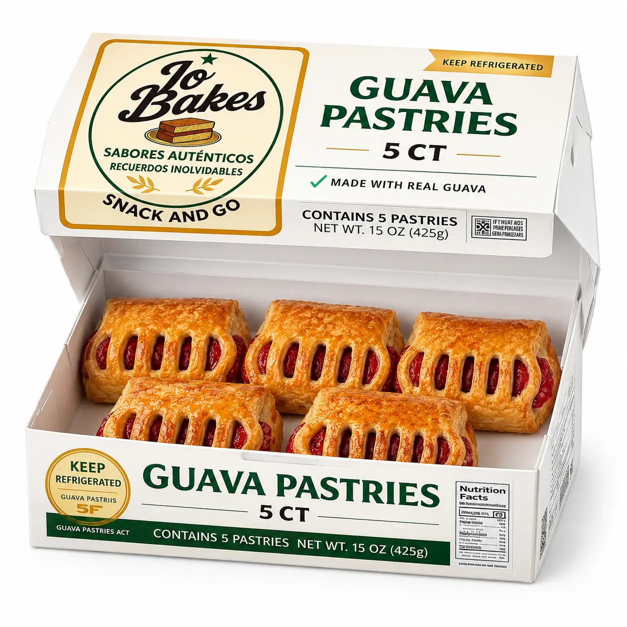 JO BAKES Cuban Guava Turnovers - 5 Count Fresh Baked Puff Pastry with Fruity Guava Filling, Low Sodium Snacks, Packaged Snack Cakes & Pastries, Contains Milk, Quick Snack, Cholesterol-Free