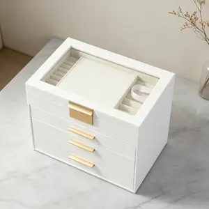 BOOVO 4-Layer Jewelry Box with Clear Window & Mirror, PU Leather Jewelry Organizer with Necklace Hooks, Visible Jewelry Storage Case for Women, Stylish Bedroom Decor Gift