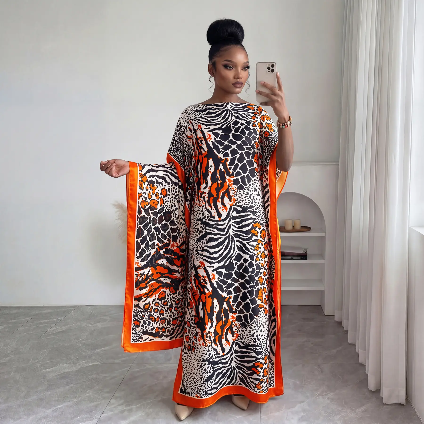 Luxury Silky Satin Zebra Leopard Print Kaftan Set, Loose Oversized Long Maxi Dress with Matching Wrap Scarf, Perfect Resort & Wedding Guest Elegant Outfit for Women Moo moo
