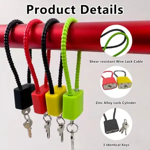 4 Pack 4 Colors Long Shackle Padlock with 3 Keys Zinc Alloy Lock Cylinder for Air Travel Filing Cabinets Bike Doors Adjustable Secure Wire Rope Lock 165 x 162 x 25 mm