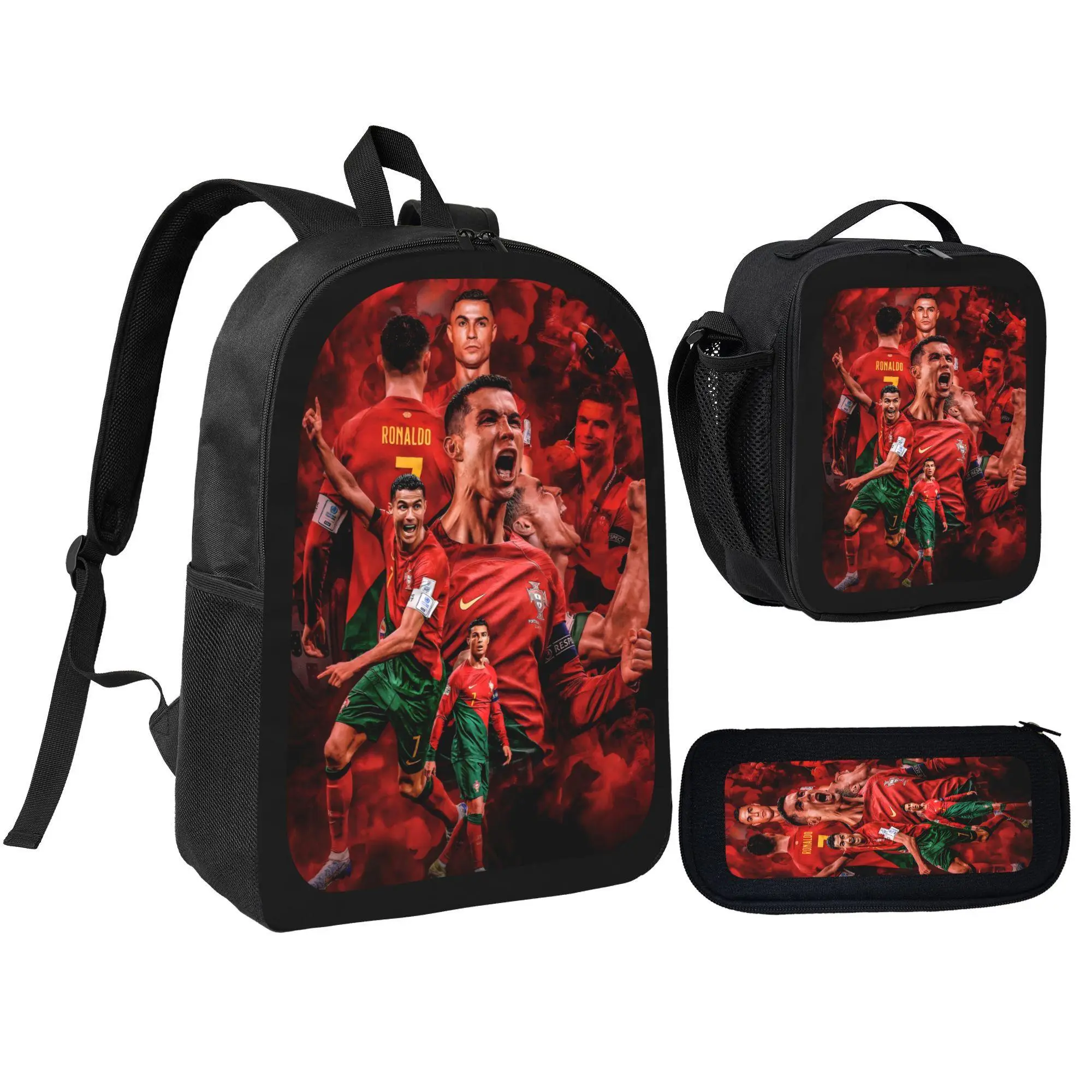 3Pcs Backpack Set Portugal Football Star Print With Lunch Bag Pencil Pouch School Bag For Boys Kids Students Soccer Fans Back To School Gift