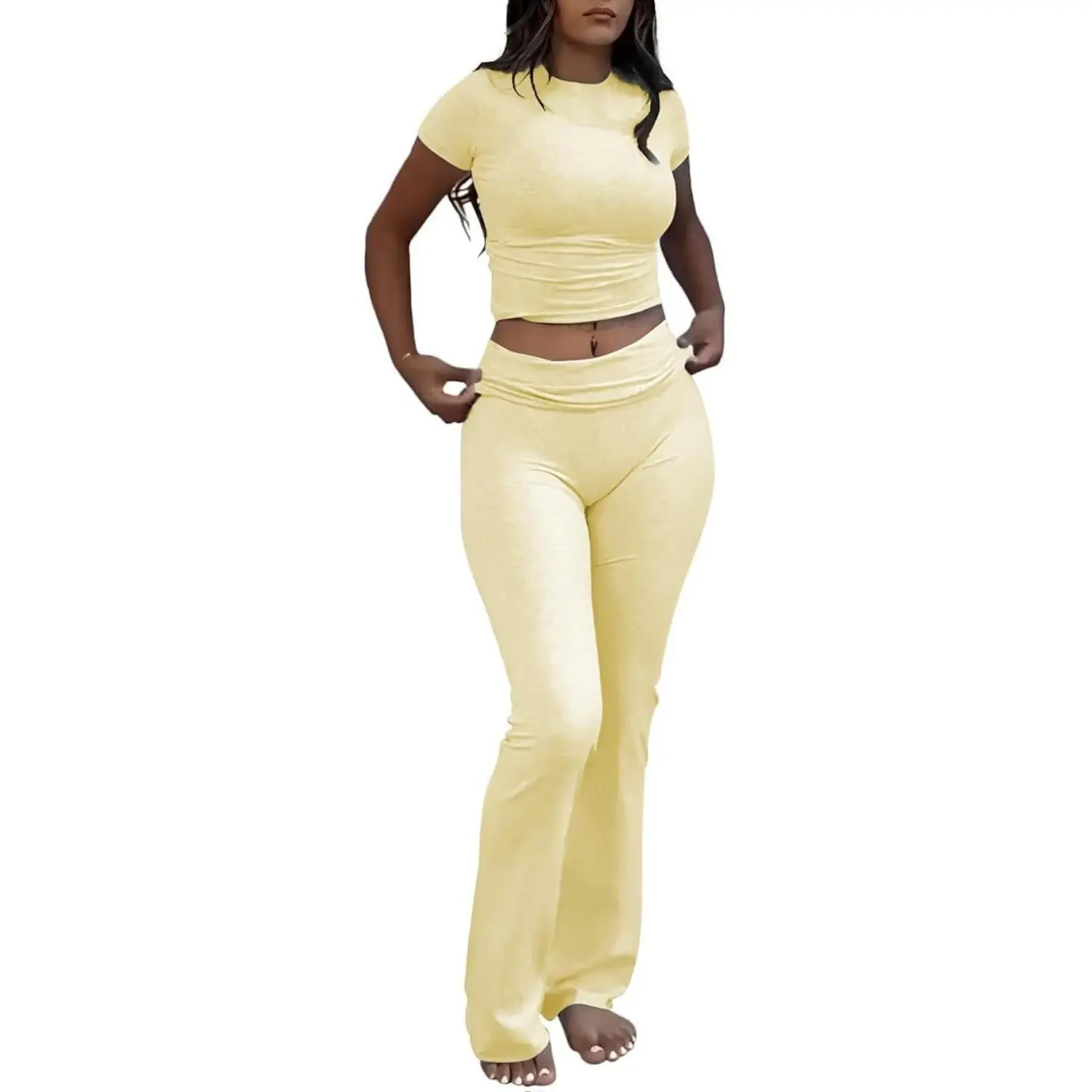 YETOWA Women's 2 Piece Lounge Outfit Slim Short Sleeve Top & Low Rise Flare Leggings Sets in Yellow Viscose Spandex Fabric for Yoga & Casual Wear