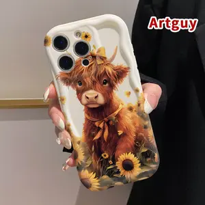 Phone Case for iPhone 16 Pro Max 15 Plus 14 13 12 11 XR XS Cream Sunflower Highland Calf Pattern Curly Wave Frame Full Body Protection Shockproof Soft Silicone Cover Cellphone Casing