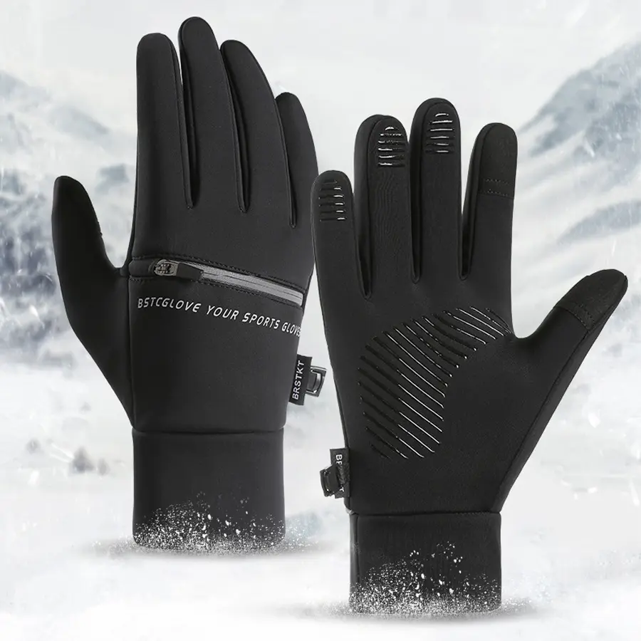 Unisex Winter Touch Screen Thermal Gloves with Zipper Pocket, Windproof Water Resistant Non-Slip Lightweight Sports Gloves for Cycling, Motorcycle, Running and Outdoor Sports