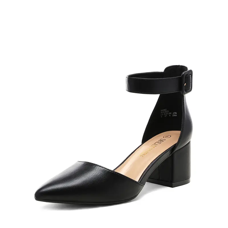 Dream Pairs Women's Wide Fit D'Orsay Pointed Toe Heeled Pumps - 2.25" Chunky Block Heel Footwear, Cushioned Latex Insole, Adjustable Buckle Ankle Strap, Black PU/Nubuck Comfortable Women's Shoes with Pointed Toe That Adds Sleek, Modern Shape