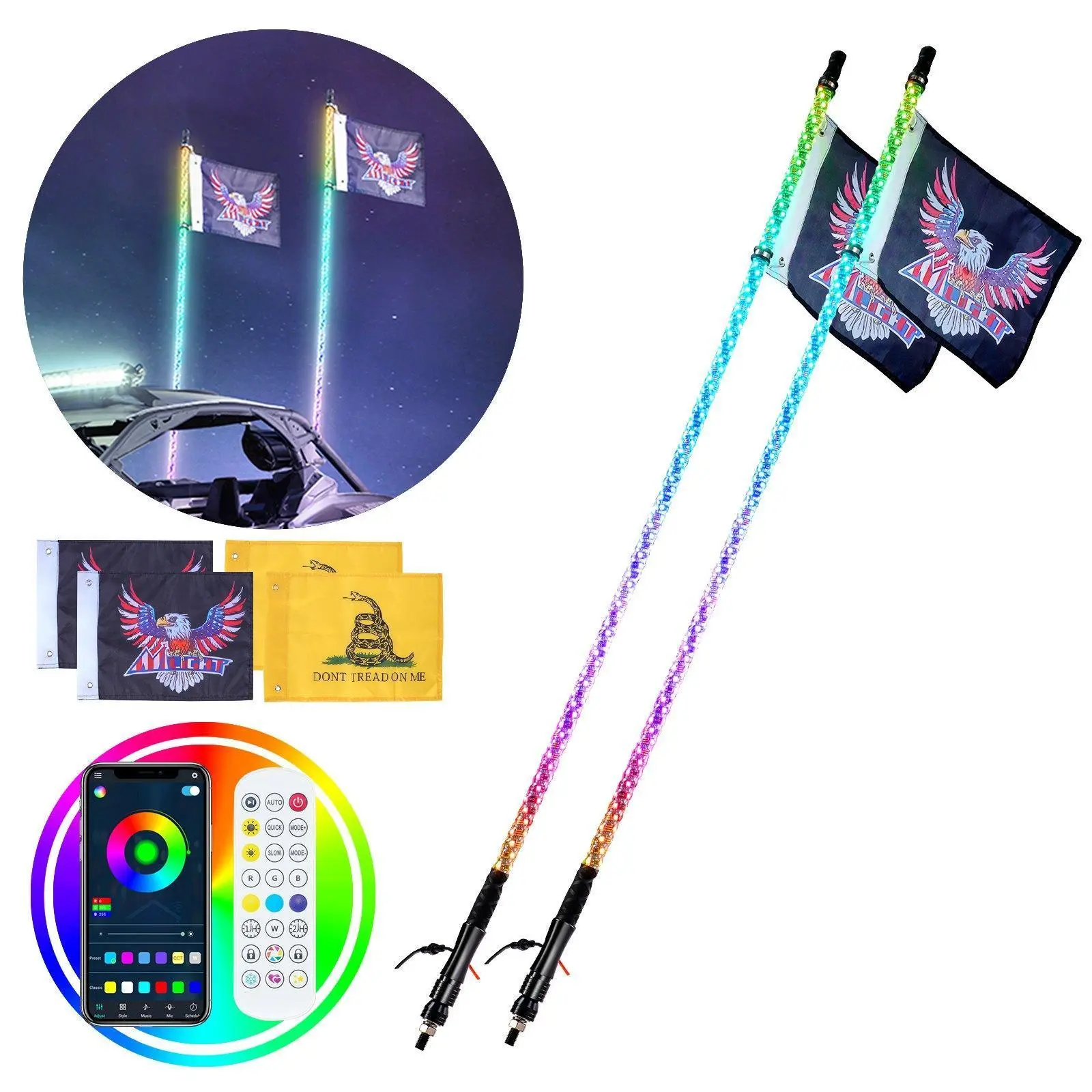 【SummerFinds】VEVOR 2 PCS 4 FT Smart Bluetooth Color Changing Waterproof 360° Spiral RGB Chasing Lighted Whips with 4 Flags & Strips, APP & RF Remote Control, for UTVs, Off-road Vehicles, Motorcycles