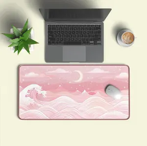 Pastel Wave Desk Mat  Pink Ocean Mouse Pad, Japanese Inspired Workspace Decor