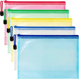 Mesh Zipper Pouch Bags 5 Pack Large Waterproof 13.2 x 9.4 Inch Clear Mesh Storage Pouches Assorted Colors for Home Office School Travel Puzzles Board Game Cosmetic Accessories