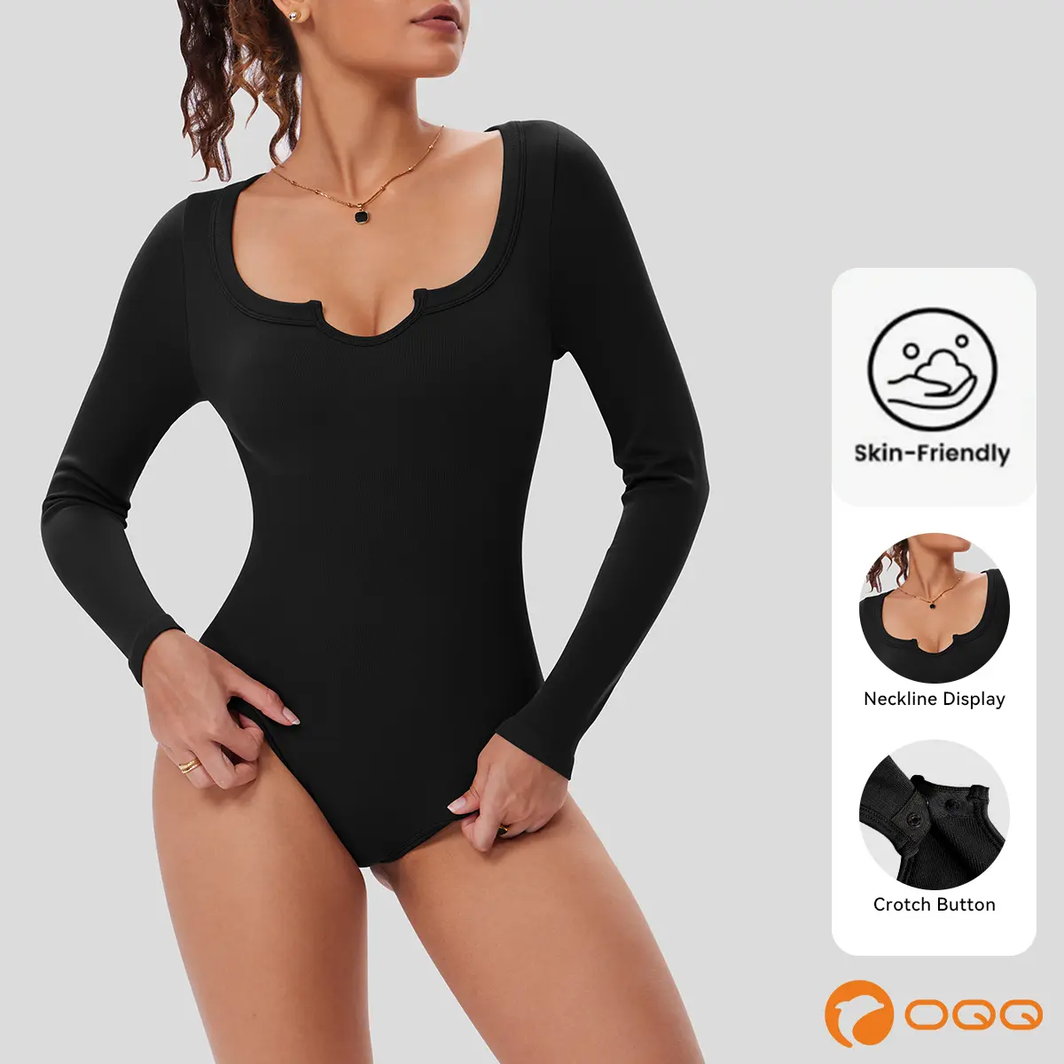 OQQ Women's Stretchy Ribbed Bodysuit, Basic Fitted Longsleeve Top with Notched U-Neck for Casual Layering, Longsleeves, Body-Hugging Fitted Bodysuits
