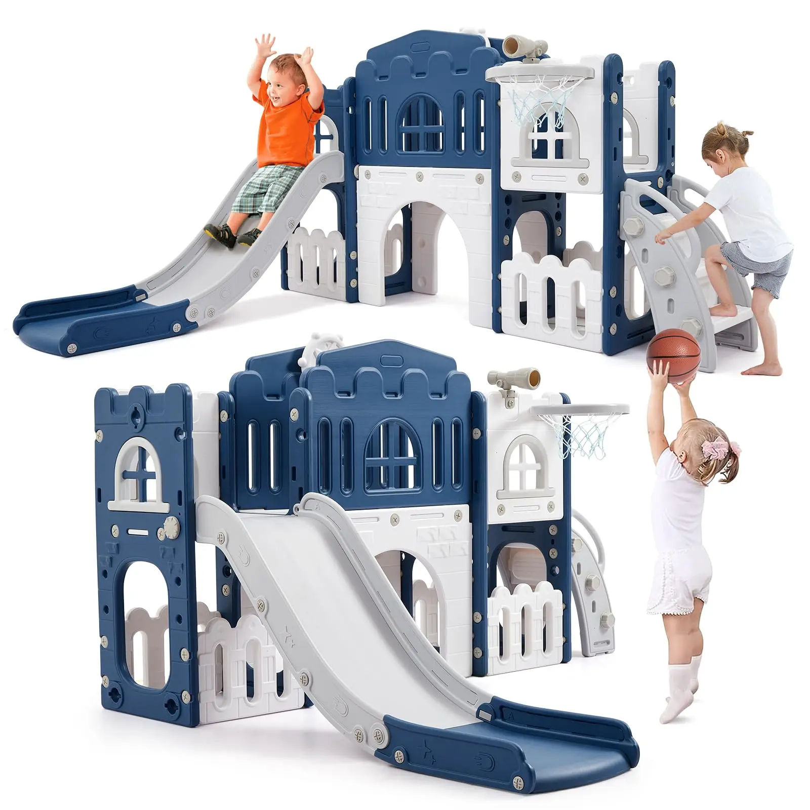 GARVEE 8-in-1 Toddler Slide Indoor Playground and Playset for Ages 1-3 with Basketball Hoop, Climber, Crawling Tunnel, Telescope, and Toy Storage - Indoor and Outdoor Fun