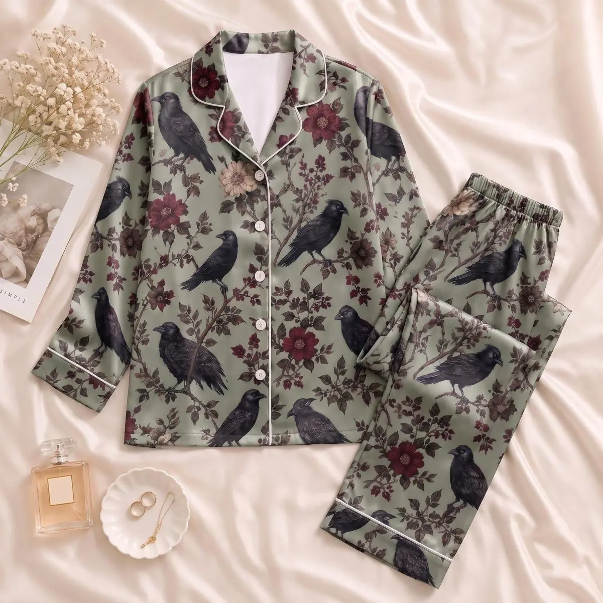 Vintage Raven Satin Pajama Set, Gothic Floral Sleepwear, Dark Cottagecore Pajamas, Crow Lounge Set, Women's Pajamas Gift, Fresh Styles, Updated for Today, Ready to Go, No Effort Needed