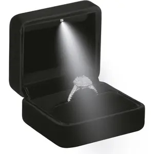 Classic Metal Glossy  Ring Box with LED Light,  Ring Gift Box for Proposal Engagement Wedding Anniversary Birthday Ceremony (Black)