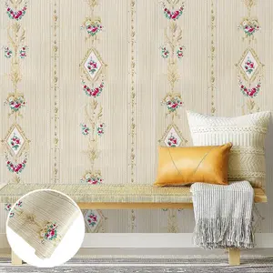 French Floral Striped Self-Adhesive Wallpaper Roll, Faux Wood Stripe Wall Sticker, Oilproof and Dirt Resistant, Home Decor for Dining Room Living Room Bedroom