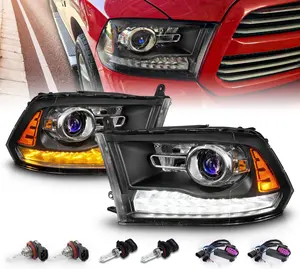 AmeriLite for 2009-2018 Dodge Ram 1500 2500 3500 Pickup Switchback Sequential LED Signal Tube Black Projector Headlights Assembly Set - Passenger and Driver Side