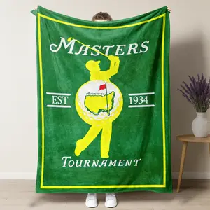 M Tournament Golf Blanket – Classic Green & Gold Design Featuring the Iconic Golfer Silhouette & National Logo, Perfect for Golf Enthusiasts