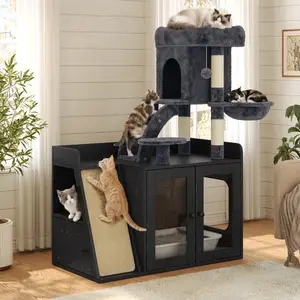 Litter Box Enclosure with Cat Tree, Hidden Litter Box with LED Light, Sisal Scratching Board and Storage Space, Modular  Litter Box Furniture with Condo and Platform, All-in-one Cat Tower, Black