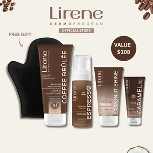 Lirene Perfect Tan Glow Bundle — Choose Cappuccino or Espresso Foam + Caramel Face Gel, Coffee Brûlée Balm, Coconut Shine + FREE Velvet Glove