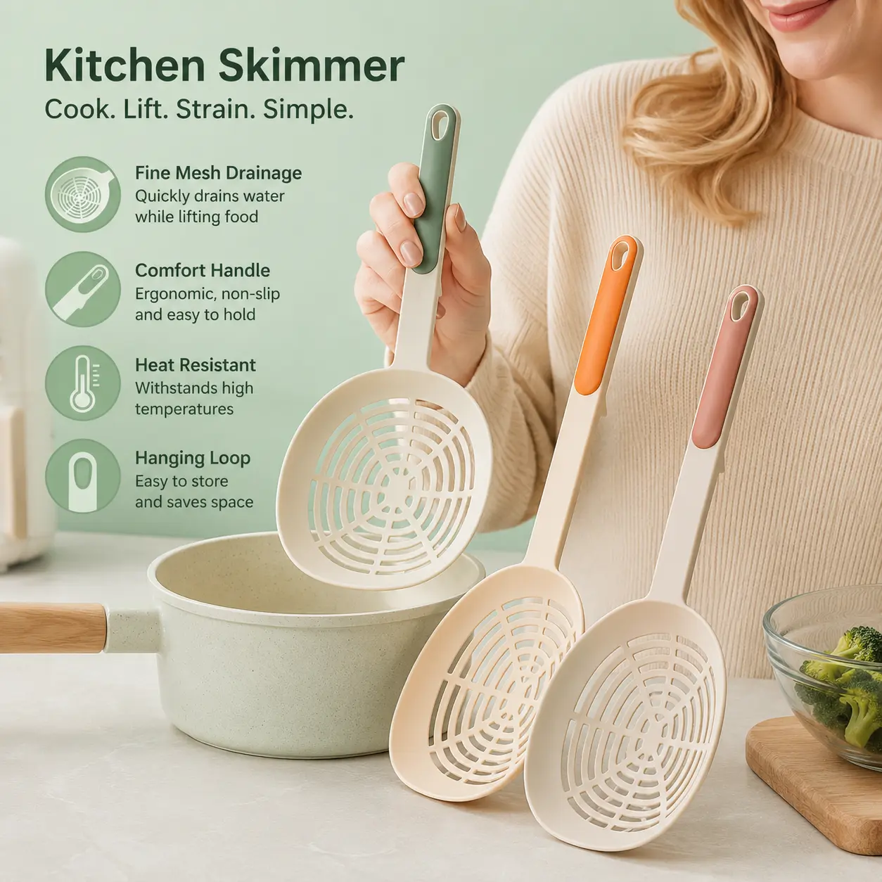 Nylon Kitchen Slotted Strainer Spoon Ladle Scoop Utensil, 1-Count Fine Uniform Mesh, Non-Slip Handle with Hanging Hole, for Draining Noodles and Vegetables, Utensils