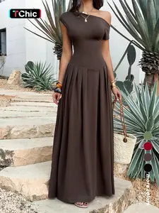 Elegant Long Dress with Asymmetrical Neckline Design, Slim-Fitting Solid Color Short Sleeve Dress, Perfect for Formal Occasions