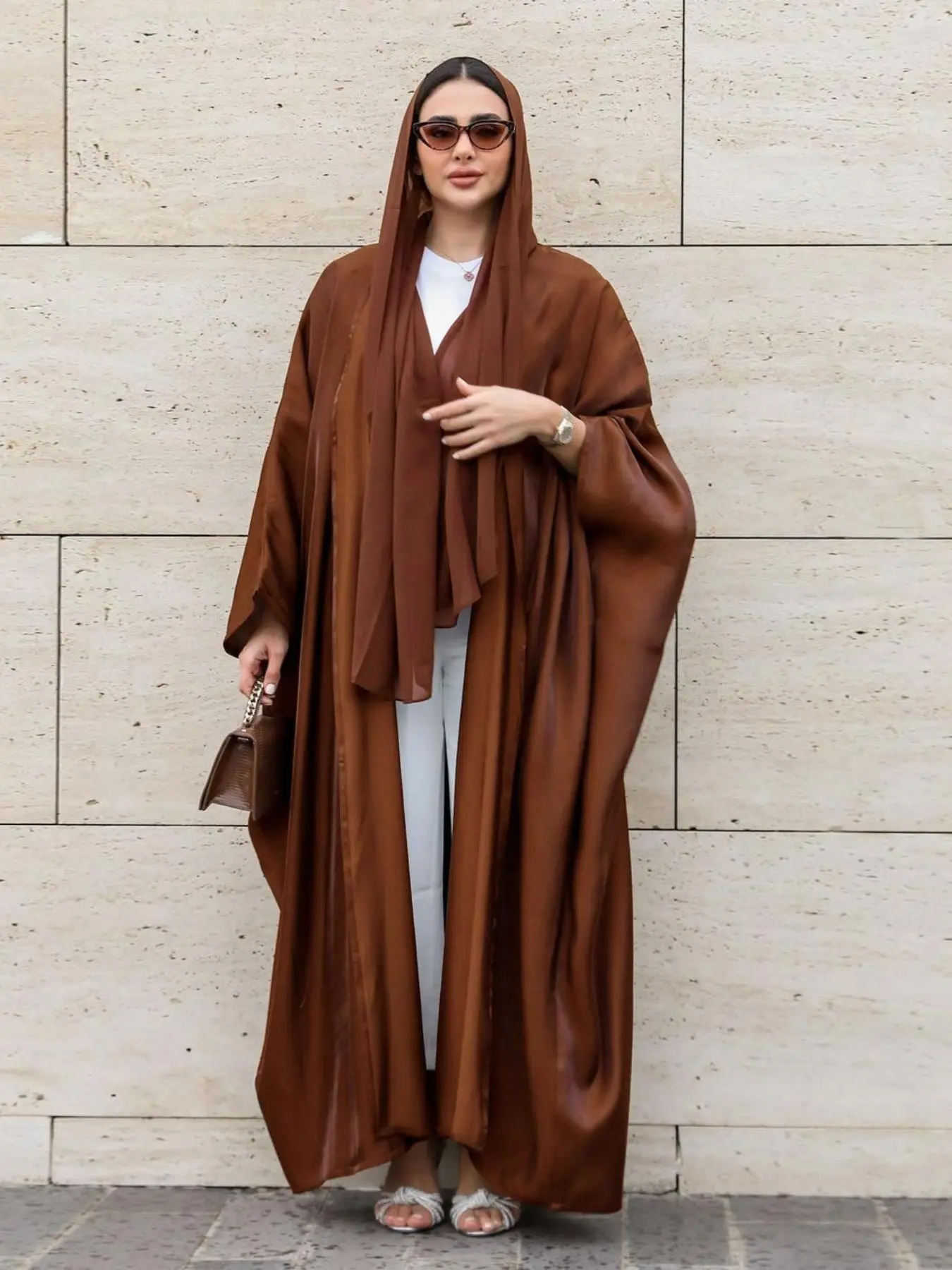 Muslim Women's Open Abaya Solid Color Elegant Batwing Sleeve Summer Robe, Loose-Fitting Lightweight Satin Fabric for Spring & Fall, Stylish Fashion for Modest Wear, Modesty Muslim Clothing