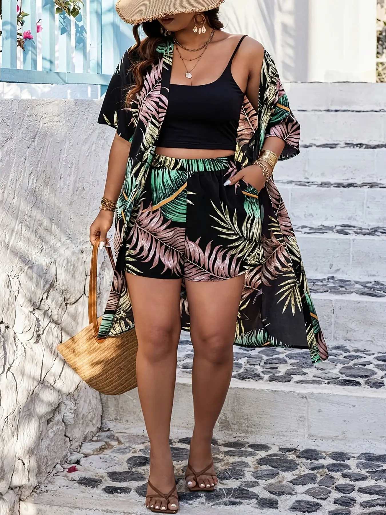 Women's Plus Size Two-Piece Set, Summer New European Style, Boho Fashion, Random Print Kimono Top and Shorts, Slant Pocket