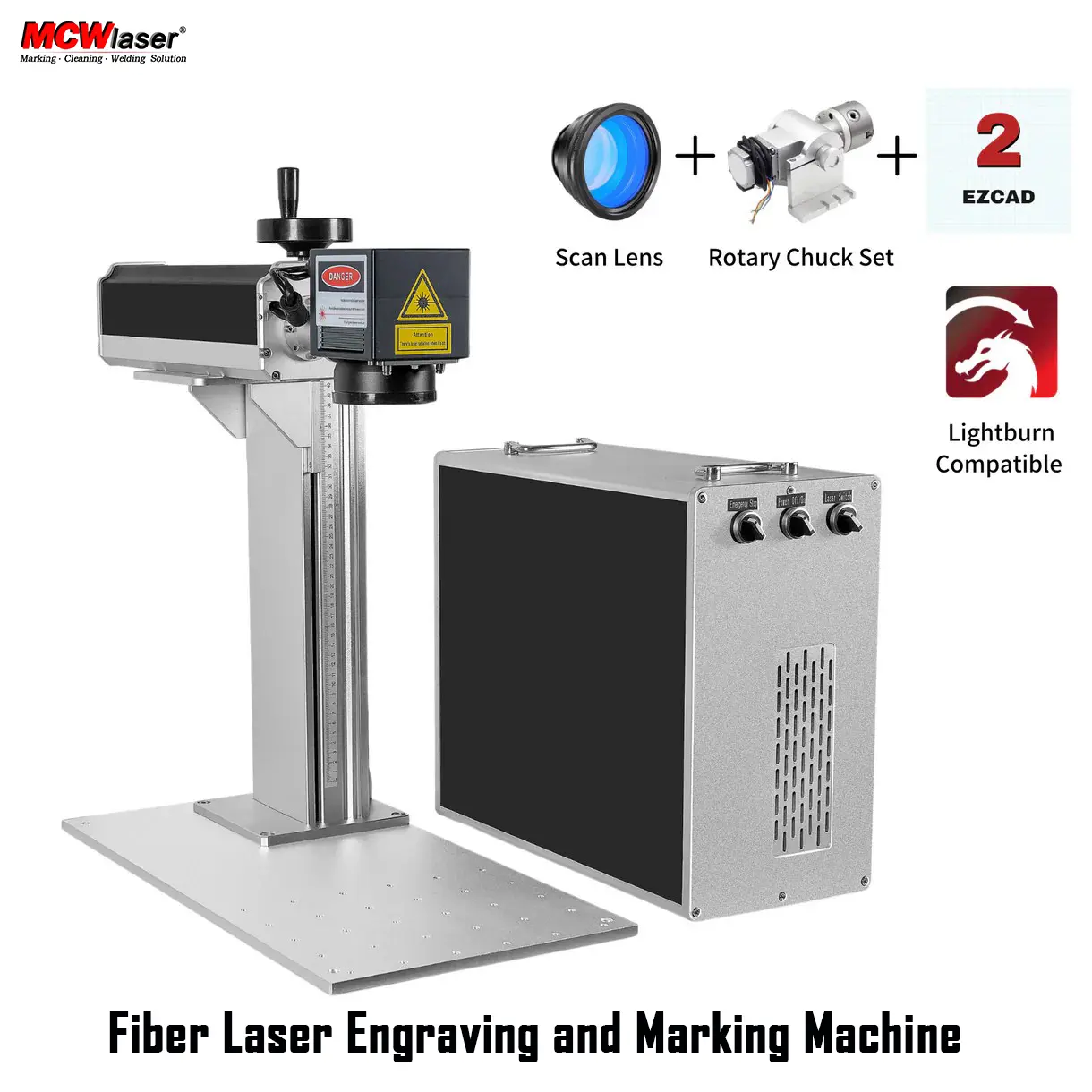 MCWlaser IP 100W Split Fiber Laser Engraver with D80 Rotary, JPT M7 MOPA Source & EZCAD2.0, High-Speed Metal Marking Machine for Industrial Production.