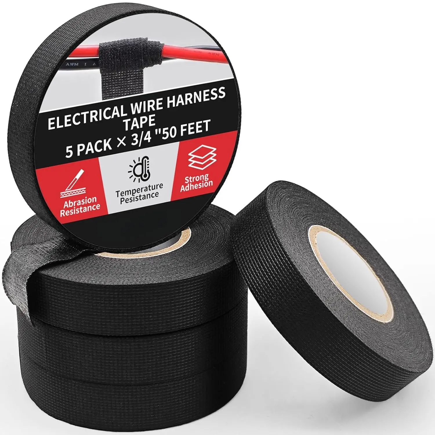 5 Rolls Polyester Wiring Harness Tape, 3/4 in x 50 FT High-Temp Self-Adhesive Fabric Tape - Heat Resistant, Flame Retardant, Excellent Flexibility, Good Sealing, Abrasion-Resistant for Automotive Engine Wire Harnesses, Wire Wrapping, Circuit Maintenance,