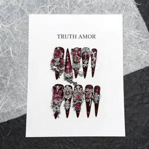 10Pcs TRUTH AMOR Gothic Red Press On Nails, Long Stiletto Fake Nails with Rose & Butterfly Charms, Dark Romantic Style Reusable False Nail Kit, GothicNails, RoseNails, DarkRomanticNailArt, PressOnNails