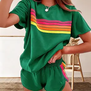 Rainbow Cozy-Chic Two-Tone Lounge Set | Breathable Short Sleeve Set with  Minimalist Vibes | Skin-Friendly Cooling Loungewear for Home & Outings | Therapycore Home Outfit | Contrast-Trimmed Lounge Set for Yoga & Relaxation |, Polyester, Pajama Set