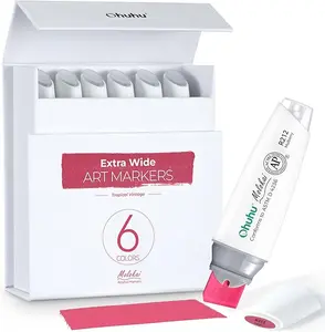 Ohuhu Alcohol Markers: Extra Wide Broad Tip - 6 Colors - Tropical Vintage / Halcyon Oasis / Sky Glass - Refillable Ink - 1-18mm Nib Calligraphy Markers for Poster Design Renderings Large Areas Coloring - Molokai Series of Ohuhu