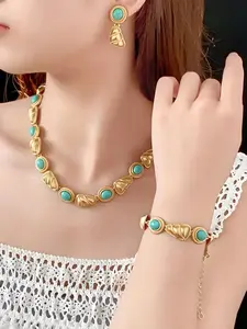 Boho Style Turquoise Decorated Elegant Matching Teardrop Jewelry Set, Vintage Style Pendant Necklace & Dangle Earrings & Bracelet, Fashion Accessories for Women