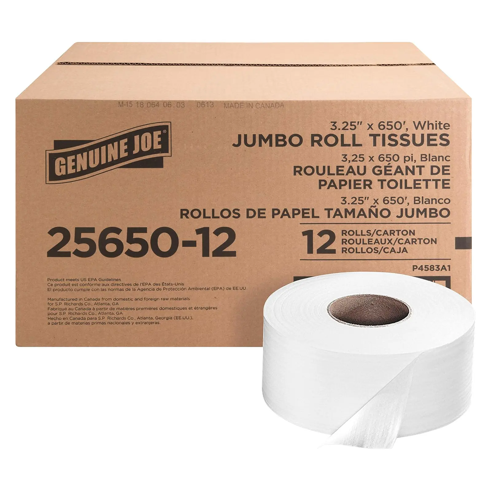 Genuine Joe Jumbo Roll Bath Tissue - 2-Ply White Toilet Paper, 3.3" x 650' per Roll, 12 Count Bulk Pack, Recycled Fiber, Commercial Grade for Dispensers