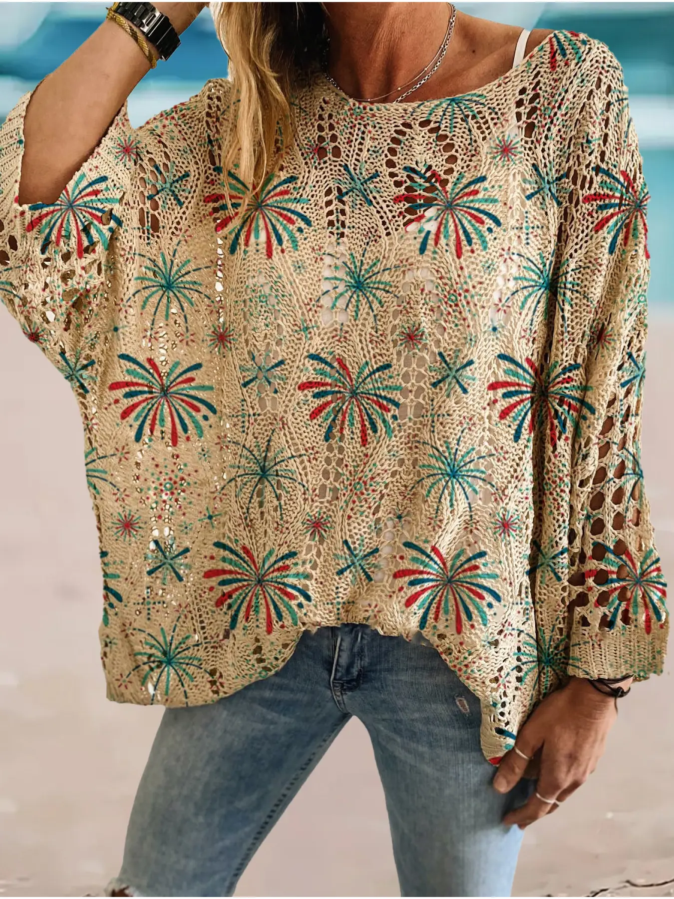 Women's Firework Print Long Sleeve Knit Top, Casual Elegant Chic Aesthetic Vacation Style Sweater, Loose Fit Batwing Shoulders, Spring & Fall Fashion Knitwear