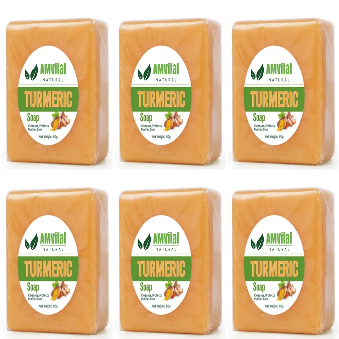 AMVital Turmeric Cleansing Soap (6 Pack, 4oz Each, 24-Month Shelf Life) - Natural Handmade, Hydrating Exfoliating, Alcohol-Free Cleanser for Normal & Sensitive Skin, Dark Spot Targeting Jabon de Curcuma for Face & Body, Natural Handmade Soap, All Natural