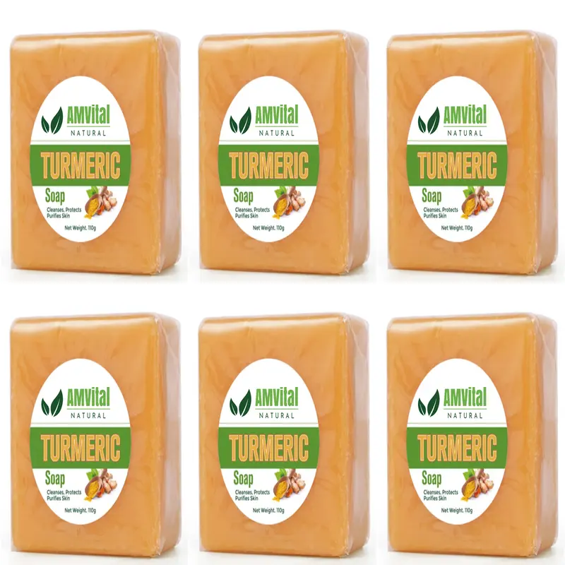 AMVital Turmeric Cleansing Soap (6 Pack, 4oz Each, 24-Month Shelf Life) - Plant-Based, Hydrating, Exfoliating, Alcohol-Free Cleanser for Sensitive & Normal Skin, Dark Spot Targeting Body Care Soap for Face & Body, Anti-Acne, Sensitive Safe