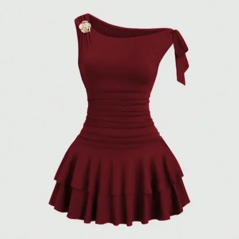 Women's Fashion Formal Evening Event Clothing Elegant Dress with Metal Flower Decoration, Ruched Shoulder, Hem Flounce, Elegant Bodycon Ruched Slim-Fitting Design, Plain Pattern, Womenswear