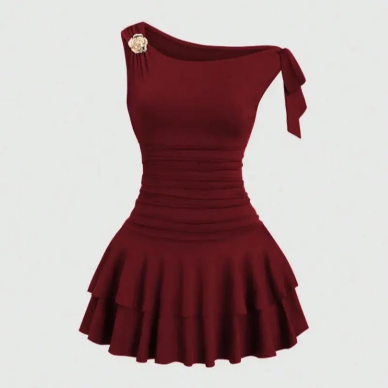 Women's Fashion Formal Evening Event Clothing Elegant Dress with Metal Flower Decoration, Ruched Shoulder, Hem Flounce, Elegant Bodycon Ruched Slim-Fitting Design, Plain Pattern, Womenswear