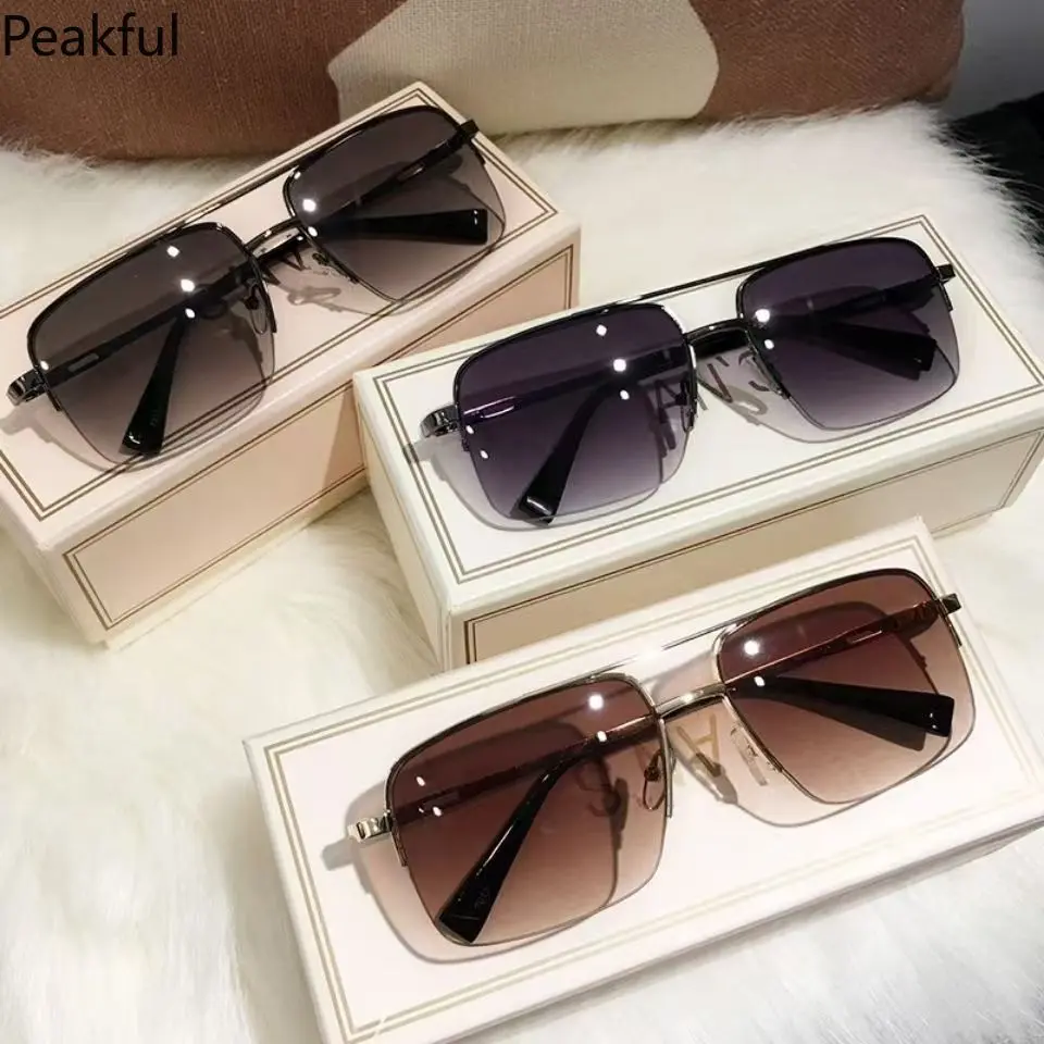 Semi-Rimless Brown Sunglasses Specifically Designed for Driving UV Protection Square Shape Sun Glasses Classic Outdoor Glasses