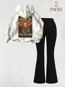 Women's Warm Hoodie Set, Casual Slim Fit Comfortable Bell Bottom Pants, Cow Head Letter Print, Kangaroo Pocket, Daily Wear