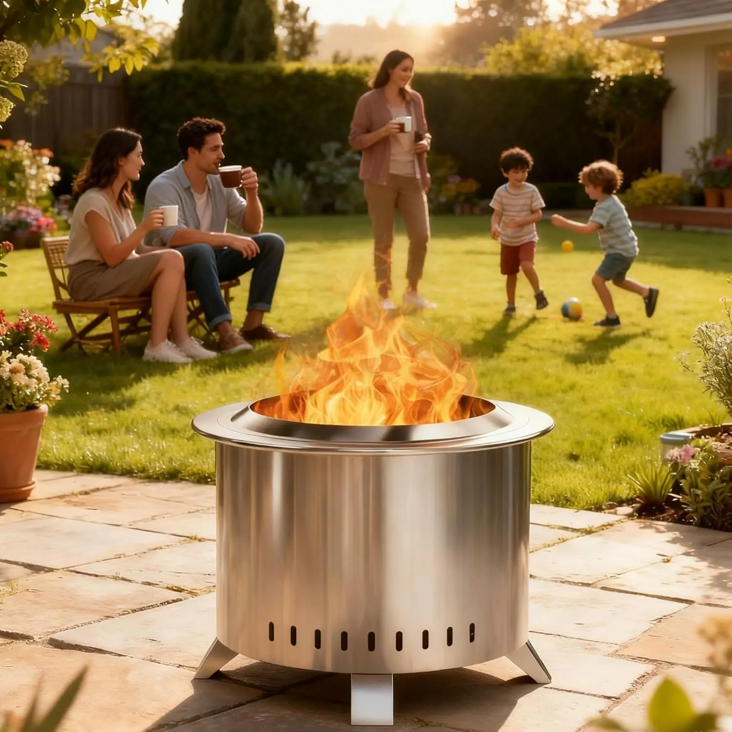 Outvue 22-Inch Stainless Steel Smokeless Wood Burning Fire Pit - Sturdy Outdoor Firepit with Cover, Deck Heat Guard, Log Toss Ready, Low Smoke Design, Easy to Clean, Floor Mount, Assembly Required for Backyard Patio Camping