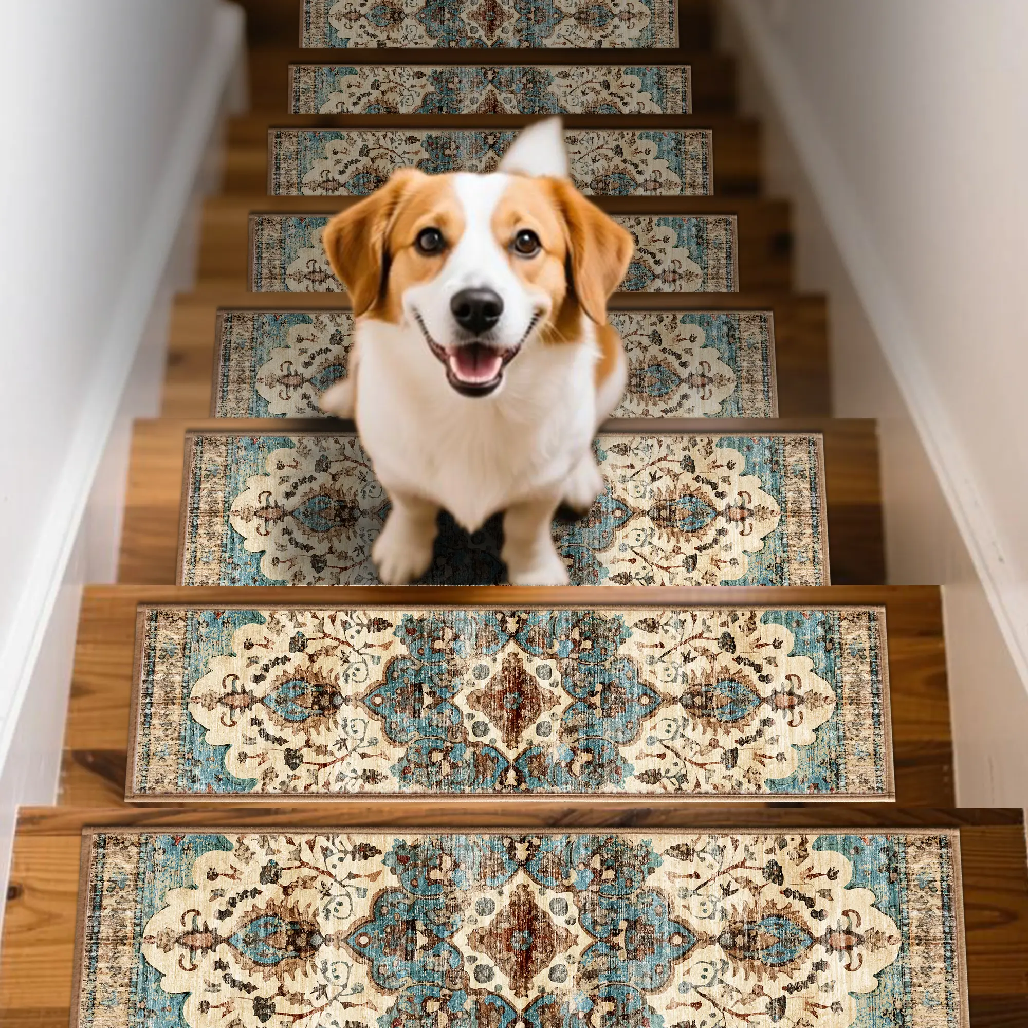 GTUUN Traditional Geometric Chenille Stair Treads, 15-Pack 8x30 in High-Density Polyester Fabric Mats, Self-Adhesive Anti-Skid, Wrinkle-Resistant, Dustproof, Fade-Resistant, Washable, Flexible Customization for Wooden Steps, Indoor Dog Use
