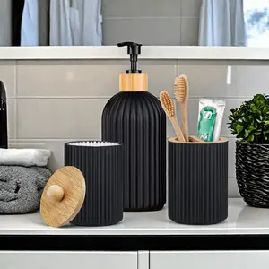 3PCS Black Soap Dispenser with Toothbrush Holder Bathroom Countertop Decoration Accessories Modern Ribbed Design