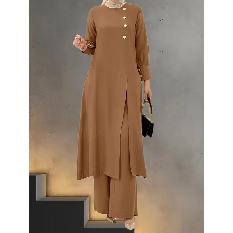 Traditional Elegant Two-Piece Outfit - Long Button-Up Shirt and Wide-Leg Pants - Suitable for Daily Home Wear, Casual Outings, and Commuting Modest Women's Muslim Tunic Beige