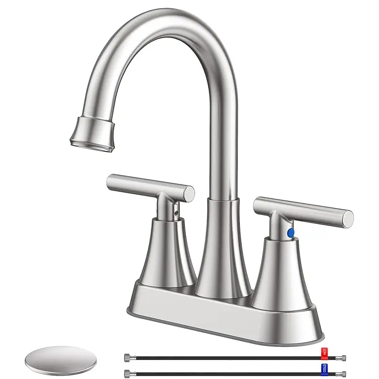 Bathroom Faucets for Sink 3 Hole, Hurran 4 inch Brushed Nickel Bathroom Sink Faucet with Pop-up Drain and Supply Lines, Centerset Faucets for Sink Vanity RV