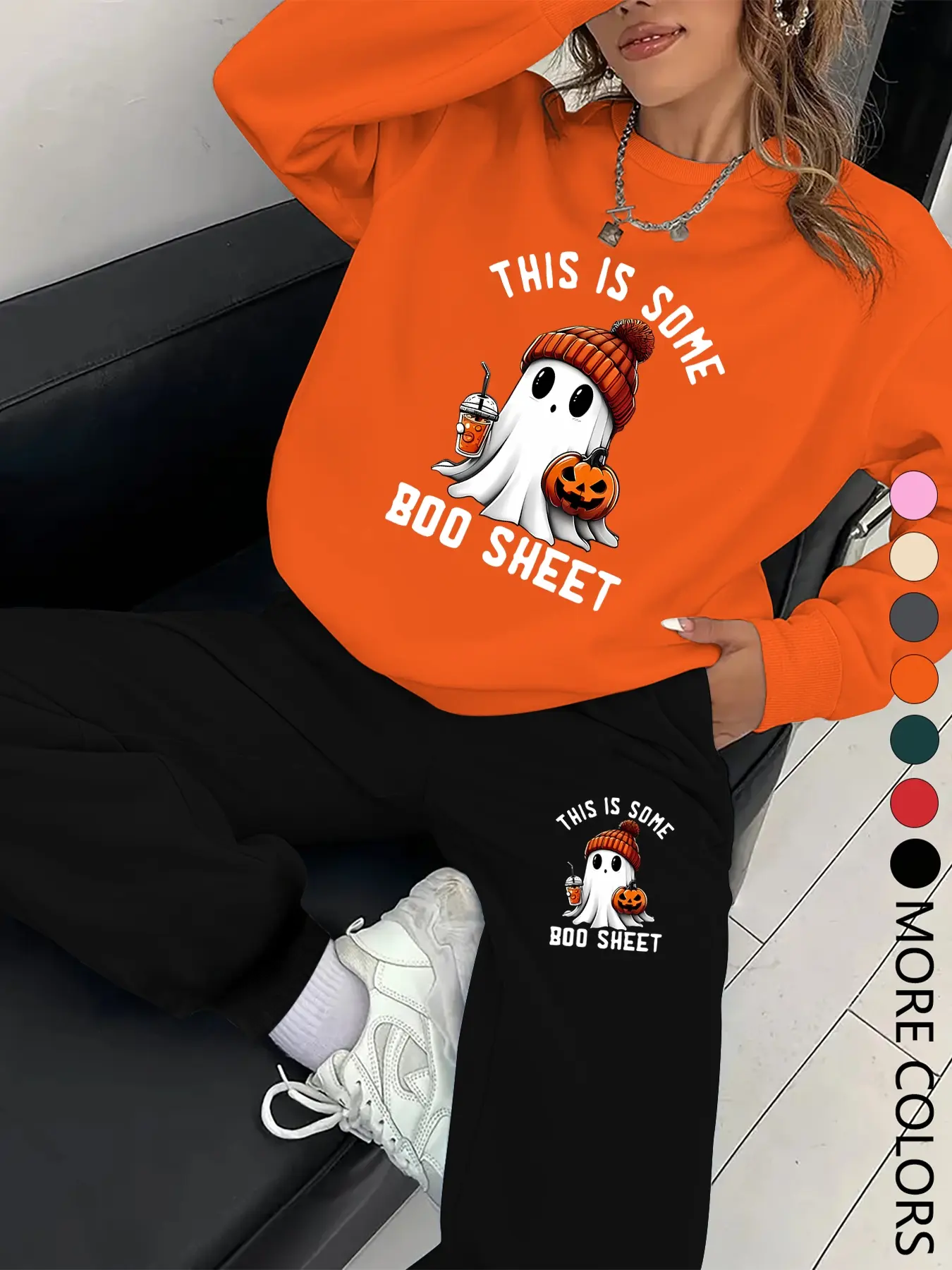 New Creative Halloween Ghost Print Knit Sweatshirt Set, Casual Long Sleeve Round Neck Top & Pants, Spring Fall Winter Fashion Women's