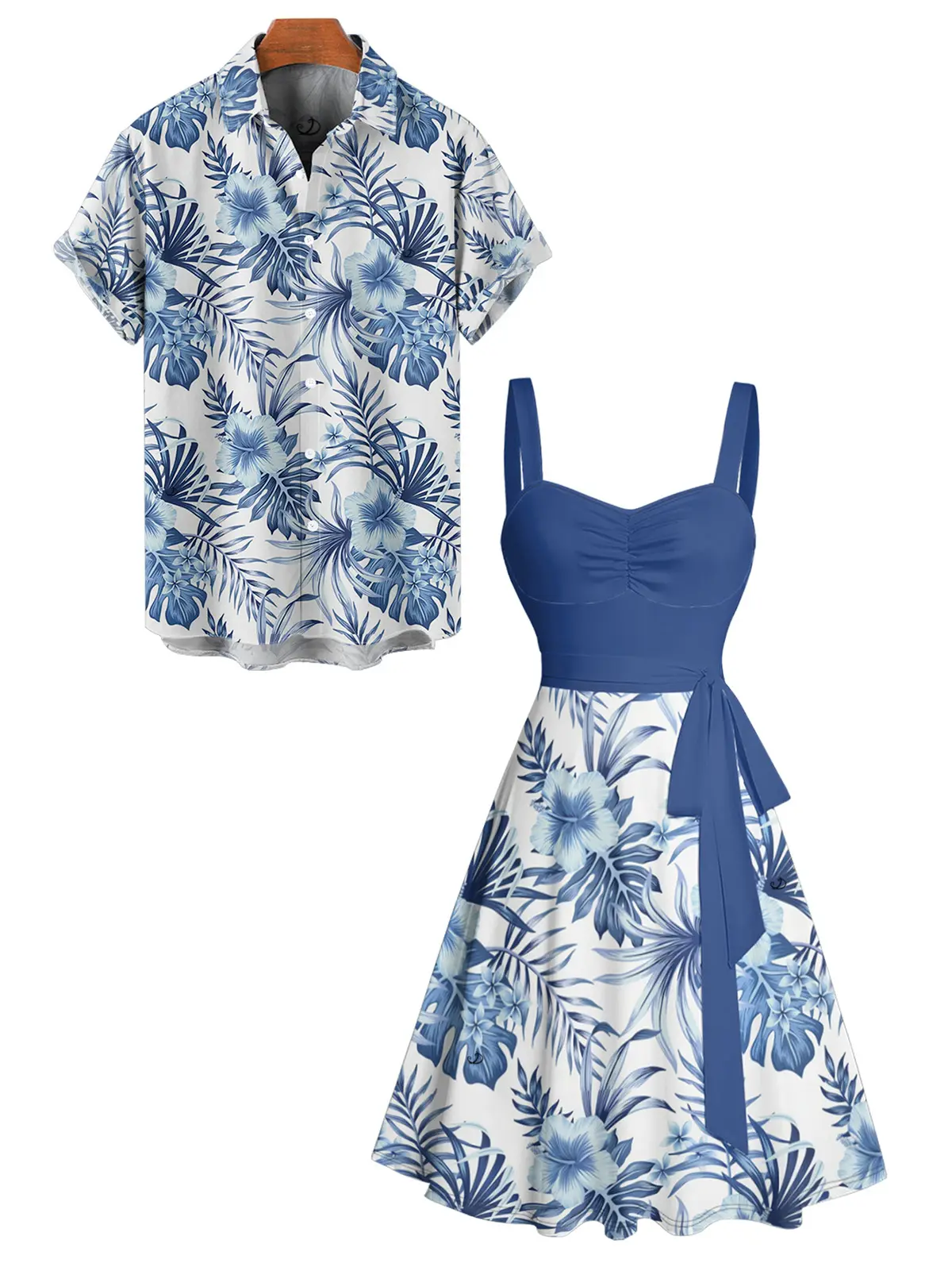 Couples' 2-Piece Casual Floral Clothes Set - Lady's Sweetheart Neck Belted Strap Mini Dress with Tropical Leaf Print, Men's Short-Sleeve Shirt for 2025 Summer Vacations Casual Wear