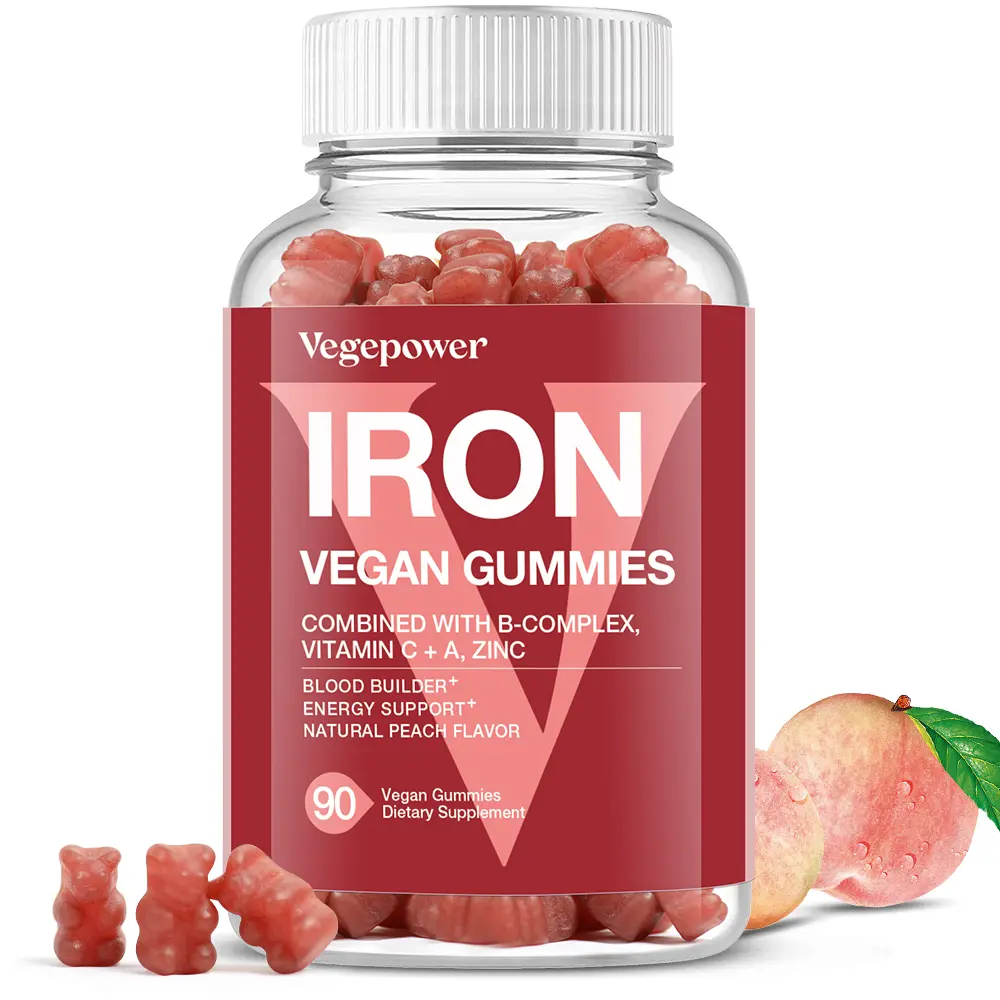 Vegepower Vegan Iron Gummies Supplement - with Vitamin C, A, B-Complex, Folate, Zinc for Adults & Kids - Blood Builder & Energy Support for Iron Deficiency, Anemia, No After Taste - Peach Flavor (90 Ct)
