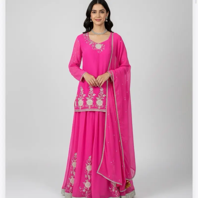 Georgette lehnga dress soft light weight hand embroidery work in hot pink perfect for any special occasions  Womenswear